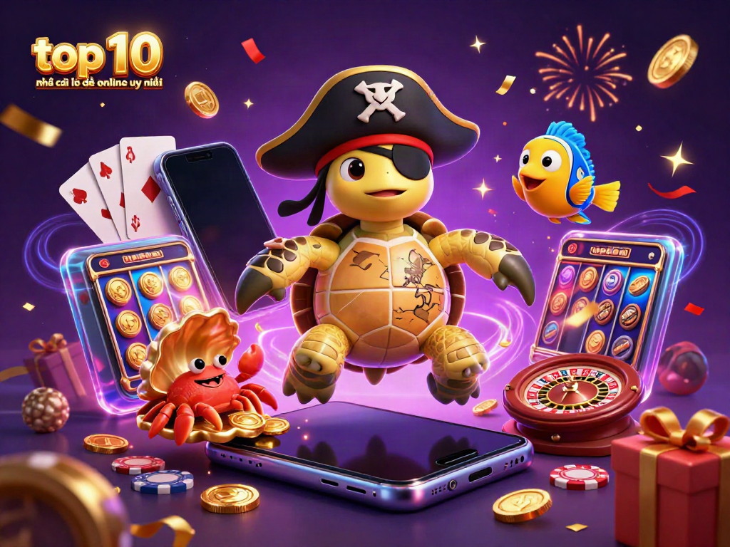 Engage with the top 10 nhà cái lô đề online uy tín, featuring a vivid 3D digital illustration of a whimsical casino scene.