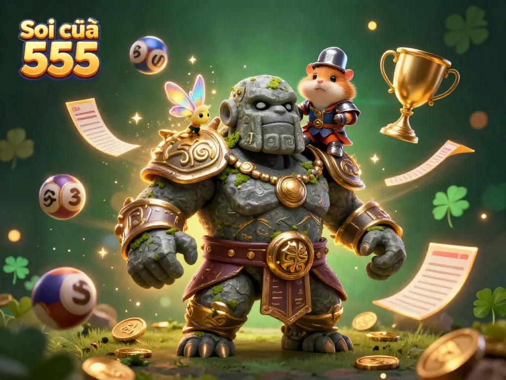 Soi cầu 555 showcases dynamic lottery-themed illustration with magical characters and game elements.