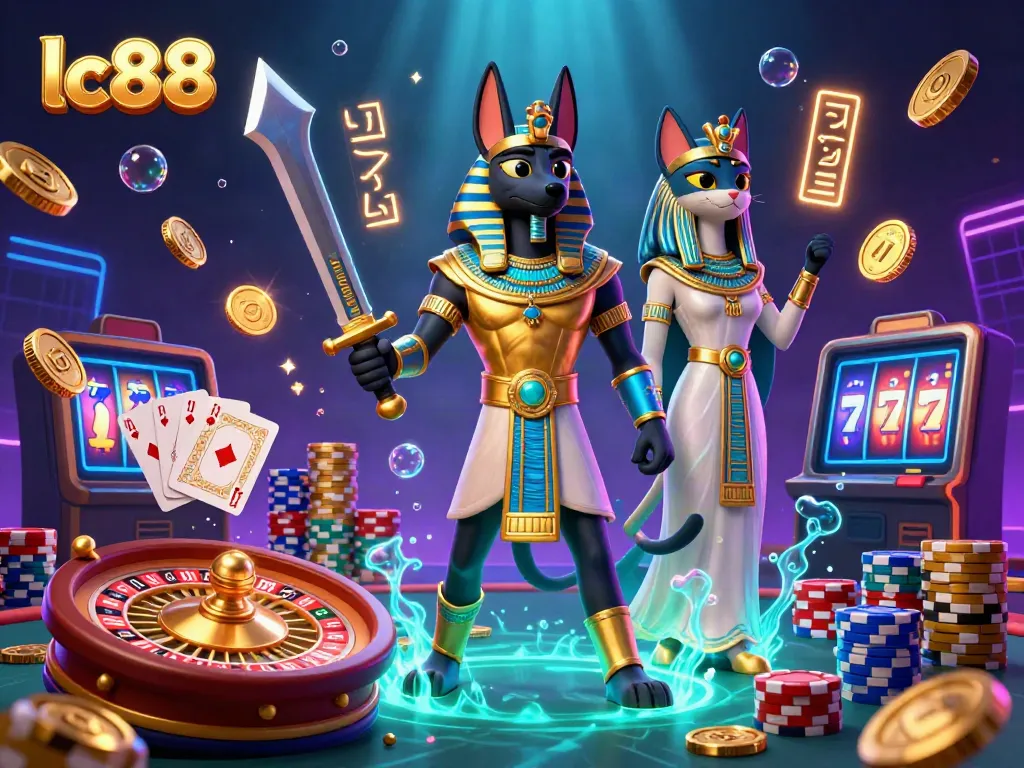 Experience thrilling gameplay with lc88 in a vibrant casino scene featuring Anubis and Bastet.