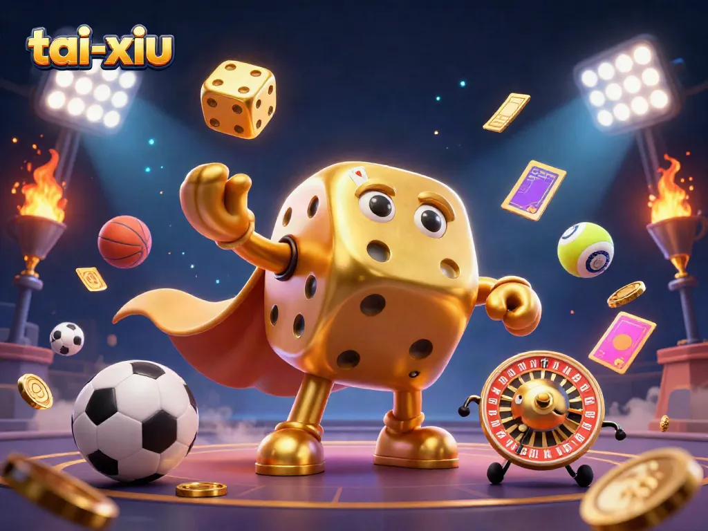 Experience the thrill of playing tai-xiu with a dynamic 3D illustration featuring golden dice golem and sports elements.