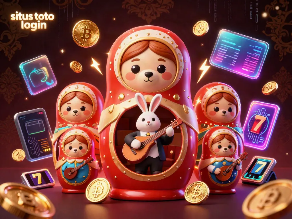 Engage with the exciting situs toto login scene featuring a Russian Matryoshka bear and vibrant casino elements.