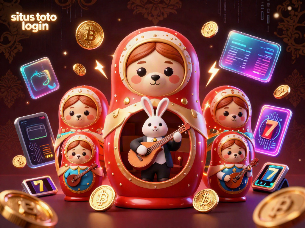 Engage with the exciting situs toto login scene featuring a Russian Matryoshka bear and vibrant casino elements.
