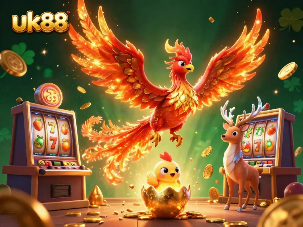 Experience thrilling slots action at uk88 with a vibrant scene featuring a phoenix and dynamic game elements.
