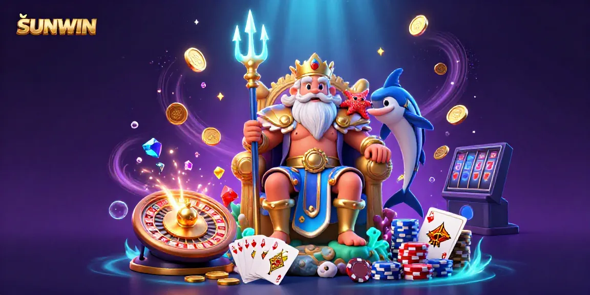 Experience thrilling gameplay with SUNWIN featuring Neptune, a roulette wheel, and vibrant casino elements.