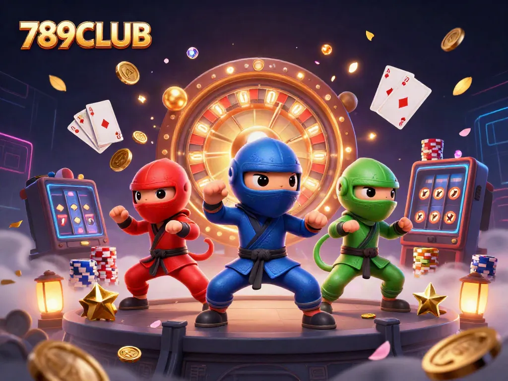 Experience thrilling gaming action with 789CLUB's dynamic 3D chameleon ninjas amidst vibrant casino elements.