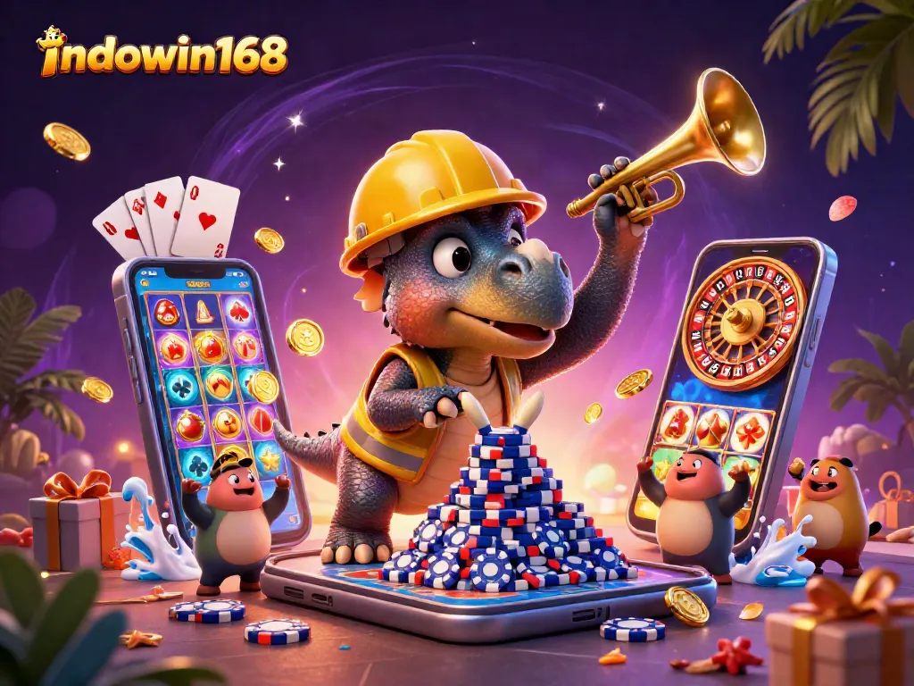 Join indowin168's exciting gaming adventure with a vibrant casino scene featuring playful dinosaurs!