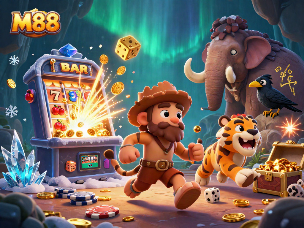 M88 engages players in a lively prehistoric casino scene with cartoon characters and dynamic gaming elements.