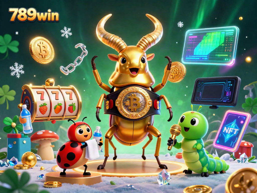 Engage with 789win's dynamic gaming scene featuring a golden stag beetle, slot reels, and cryptocurrency elements.