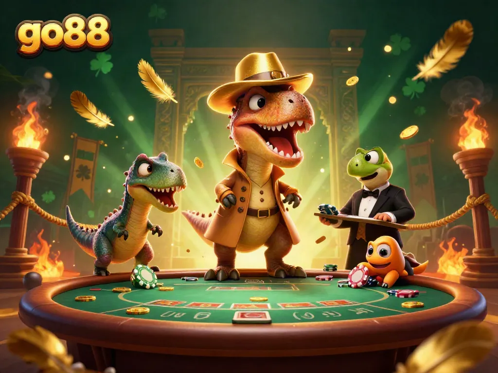 Go88's vibrant casino scene illustrating a velociraptor card counter and characters amid dynamic gambling elements.