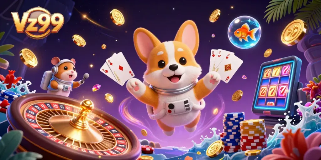 Experience the thrill of Vz99 casino with floating coins and animated characters in this vibrant illustration.