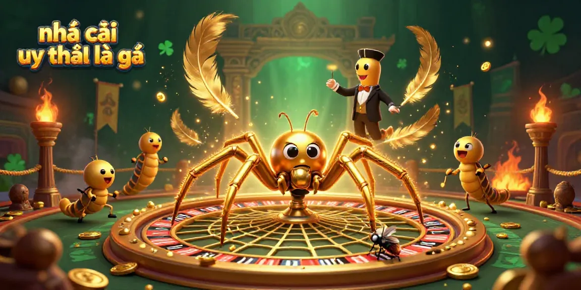 Engaging scene depicting a golden spider and croupier centipede illustrating nhà cái uy tín là gì amidst a vibrant casino atmosphere.