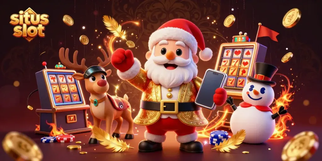 Santa Claus merayakan kemenangan situs slot dengan karakter kasino lainnya, diisi dengan elemen kasino.