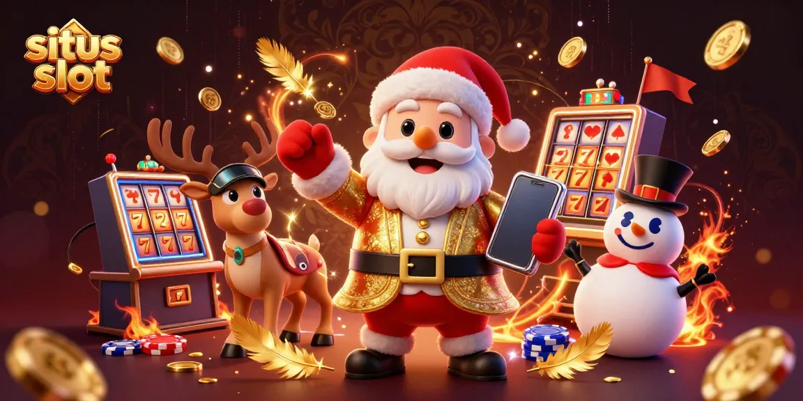 Santa Claus merayakan kemenangan situs slot dengan karakter kasino lainnya, diisi dengan elemen kasino.
