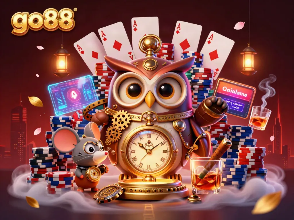 Experience thrilling gameplay with the go88 cartoon owl in this vibrant casino illustration.