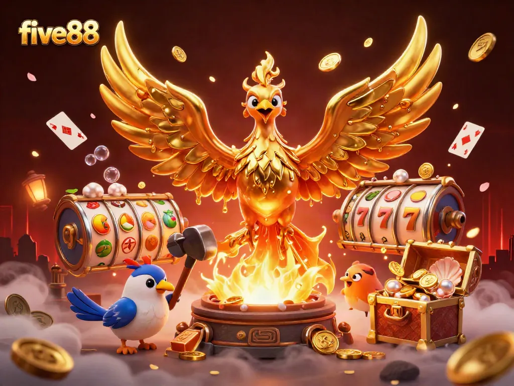 Engage with five88's thrilling casino experience featuring a dynamic golden phoenix and spinning slot reels.