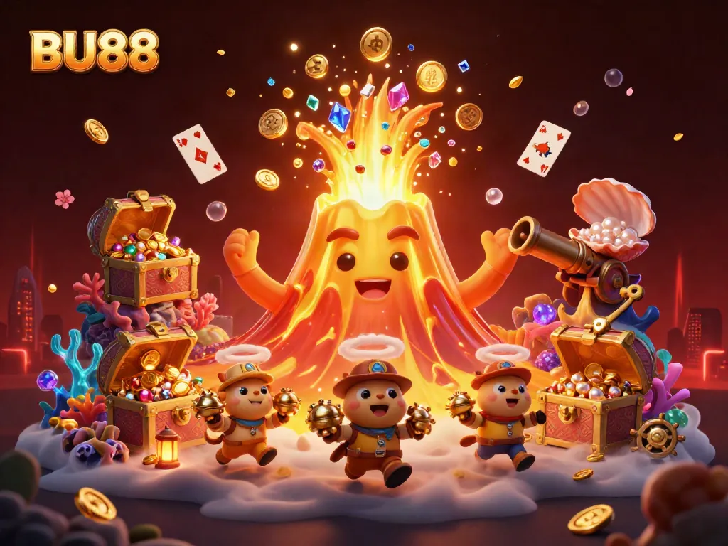 Engage in thrilling wins with BU88's vibrant 3D casino illustration featuring a golden volcano and treasure