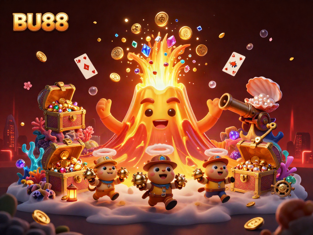 Engage in thrilling wins with BU88's vibrant 3D casino illustration featuring a golden volcano and treasure