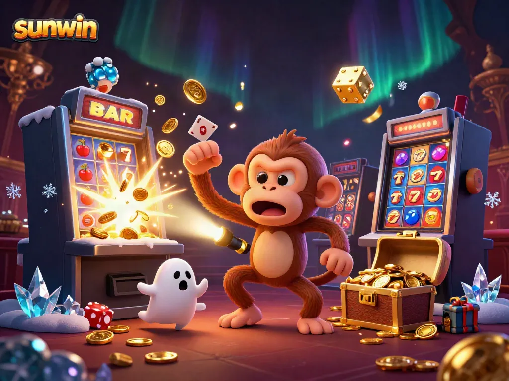 sunwin gambling scene with a playful poltergeist monkey and ghost-hunter puppy amidst a vibrant casino atmosphere