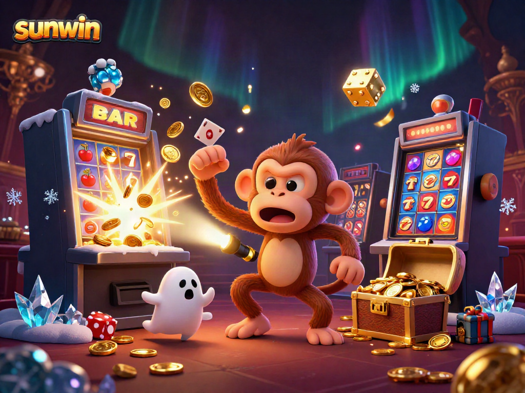 sunwin gambling scene with a playful poltergeist monkey and ghost-hunter puppy amidst a vibrant casino atmosphere