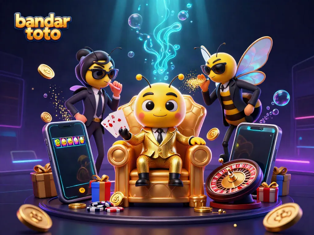 Gambarkan bandar toto dengan karakter 3D menarik dalam suasana kasino yang penuh warna dan permainan.