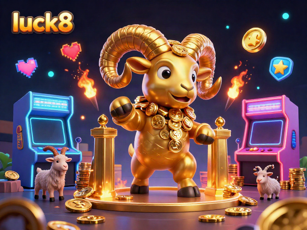 Experience luck8 with a powerful golden ram bursting through a golden gate amidst vibrant gaming elements.
