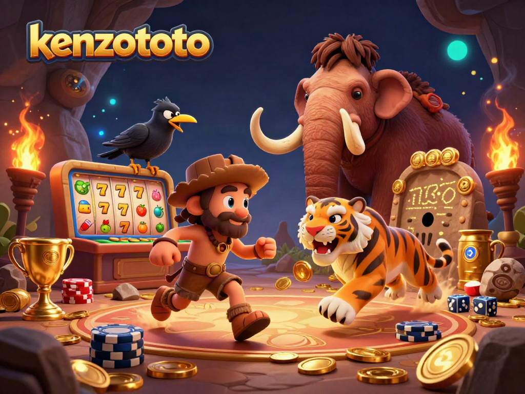 Experience kenzototo with captivating 3D illustration showcasing a vibrant prehistoric casino.