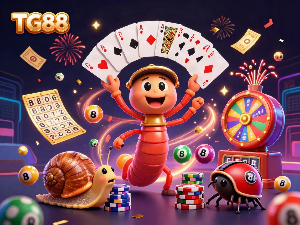 Experience vibrant gaming excitement at TG88 with a dynamic illustration of a millipede dealer, snail high-roller, and pill bug.