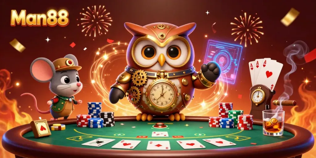 Experience thrilling gameplay with Man88’s 3D cartoon scene showcasing vibrant casino elements.