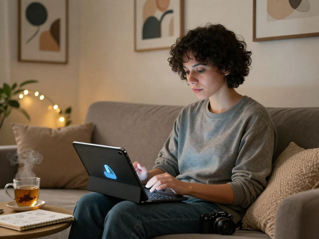 Person using AI chat nsfw on a tablet in a cozy room atmosphere with artistic decor.