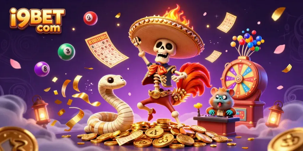 Experience excitement at i9BET com with a thrilling casino-themed victory dance by unique characters amidst vibrant game elements.