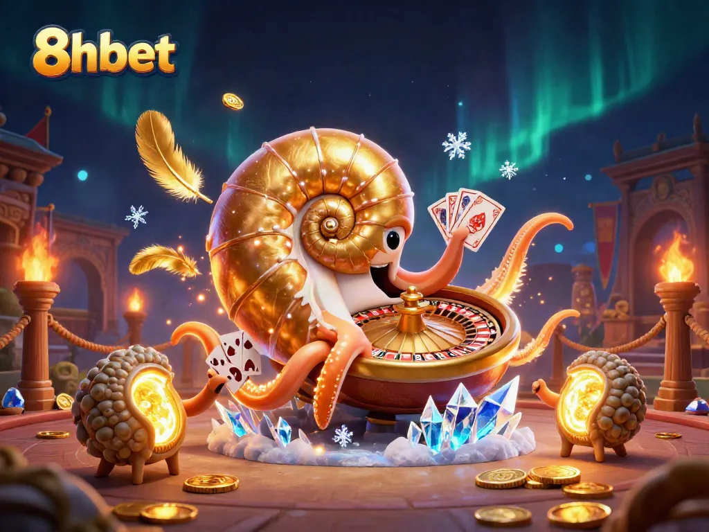 Engage with 8xbet's dynamic gaming scene featuring an ancient nautilus roulette wheel and glowing companions.