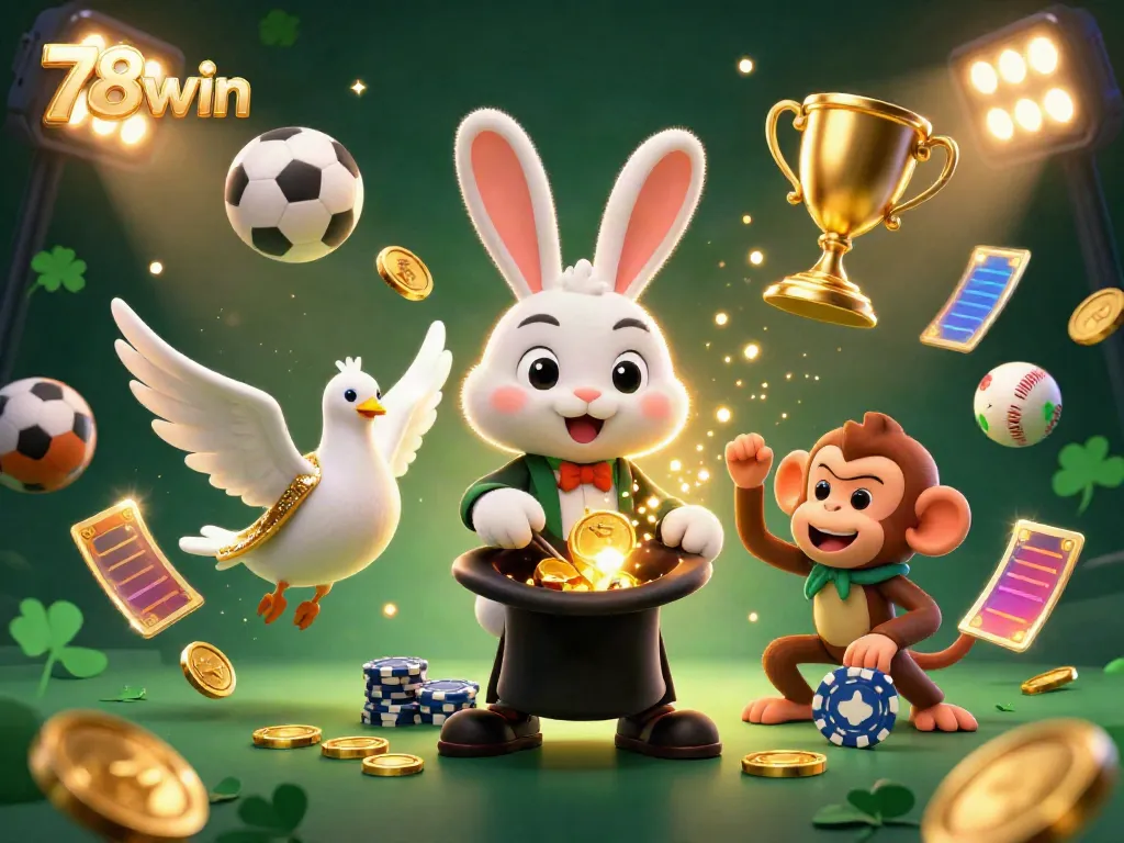 Engage in thrilling gaming action at 78win with a vibrant illustration of a magician, dove, and monkey amid scattered coins and sports balls.