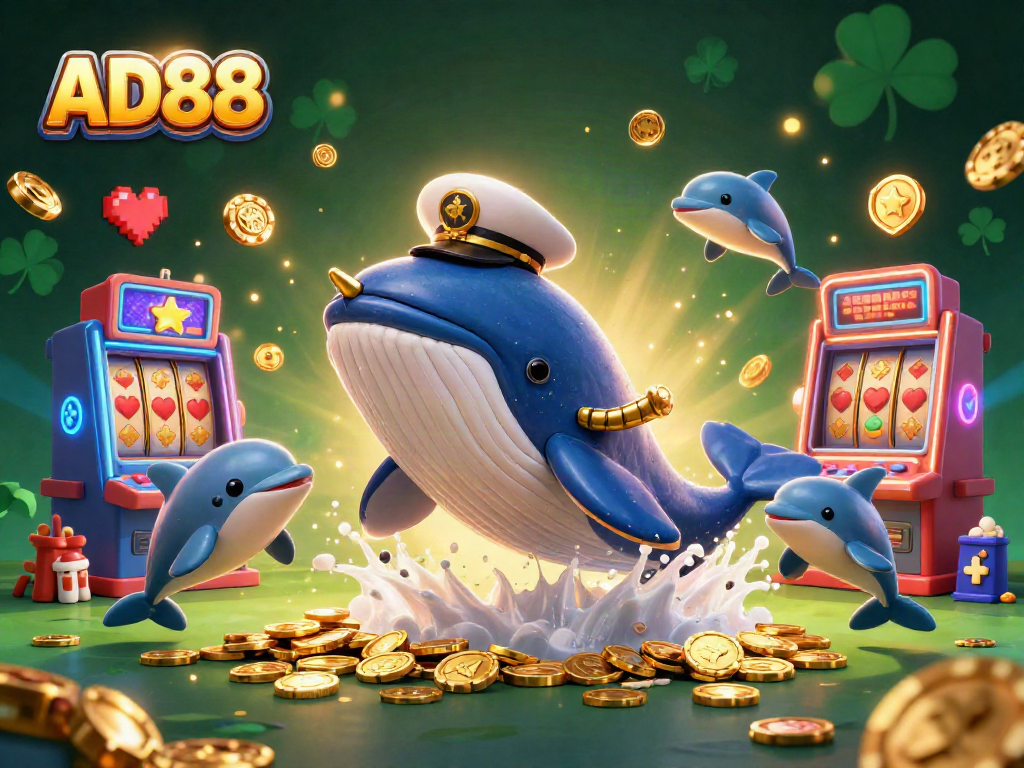 AD88 features a cartoon whale and dolphins in a vibrant casino scene filled with slot machines and golden coins.