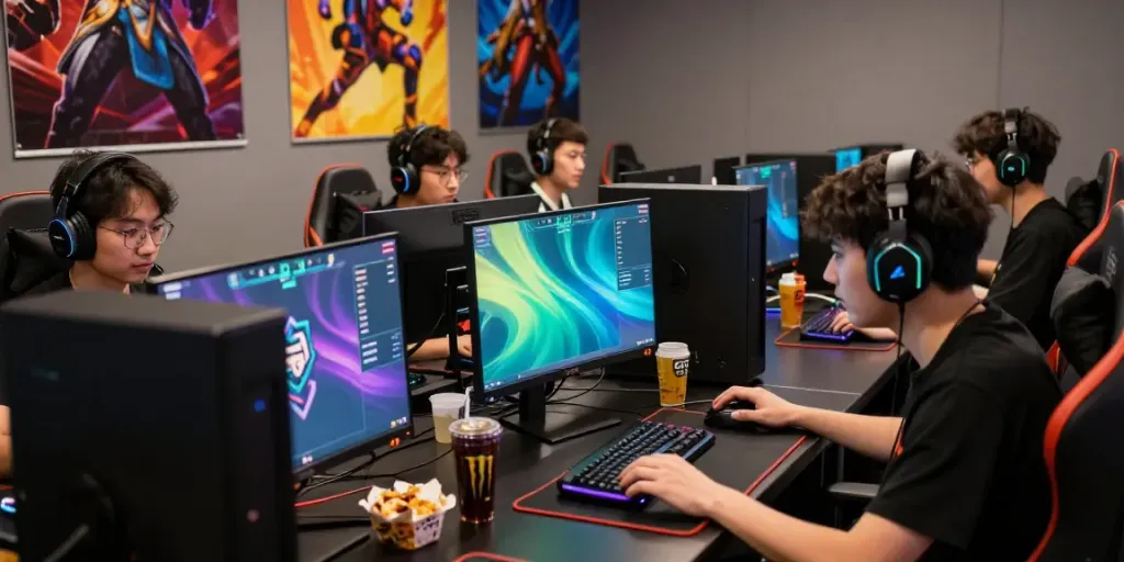 Suasana pertandingan game online di Tusuk88 dengan pemain fokus dan peralatan gaming modern.