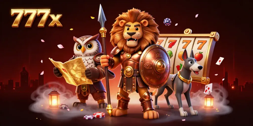 Engage with the thrilling world of 777x slots, featuring vibrant characters in a dynamic casino setting.