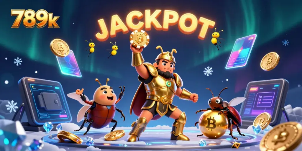 Win big with fantastic visuals in the 789k casino-themed illustration showcasing vibrant characters and crypto elements.