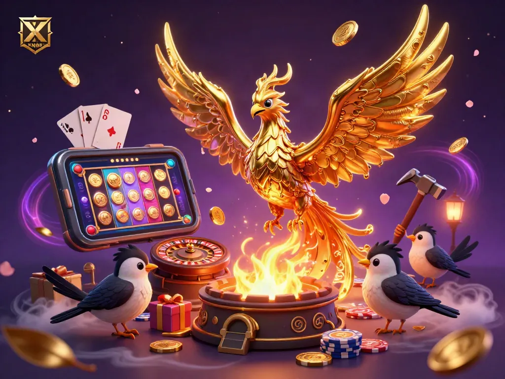 Experience XN88's dynamic casino action with a molten metal phoenix soaring amidst enchanting slot games and vibrant visuals.