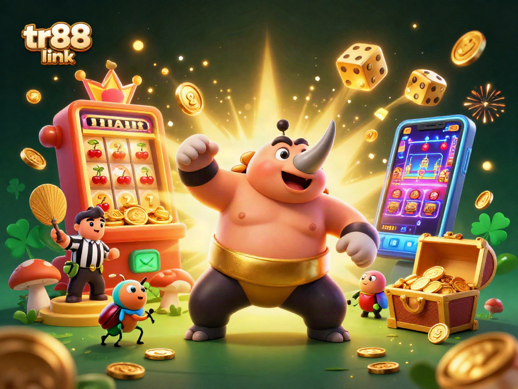 Engaging scene illustrating tr88 link with a sumo beetle champion amidst a jackpot explosion.