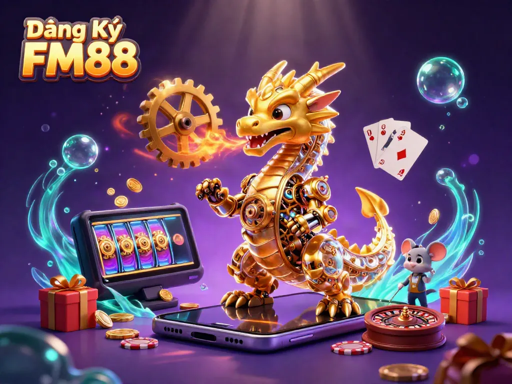 Engage in thrilling gaming experiences with Đăng Ký FM88 featuring a dynamic 3D illustration of a golden dragon and casino elements.