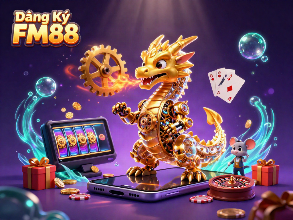 Engage in thrilling gaming experiences with Đăng Ký FM88 featuring a dynamic 3D illustration of a golden dragon and casino elements.