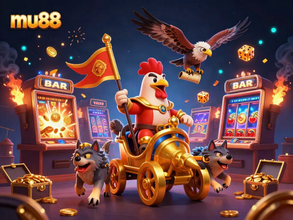 Experience the excitement of mu88 with a vibrant 3D illustration of a casino-themed adventure, showcasing games and characters.