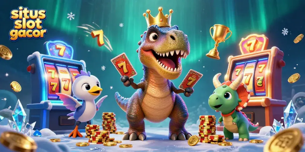 Engage with situs slot gacor in this vibrant 3D scene featuring a T-Rex struggling with cards and a baby triceratops handling chips.