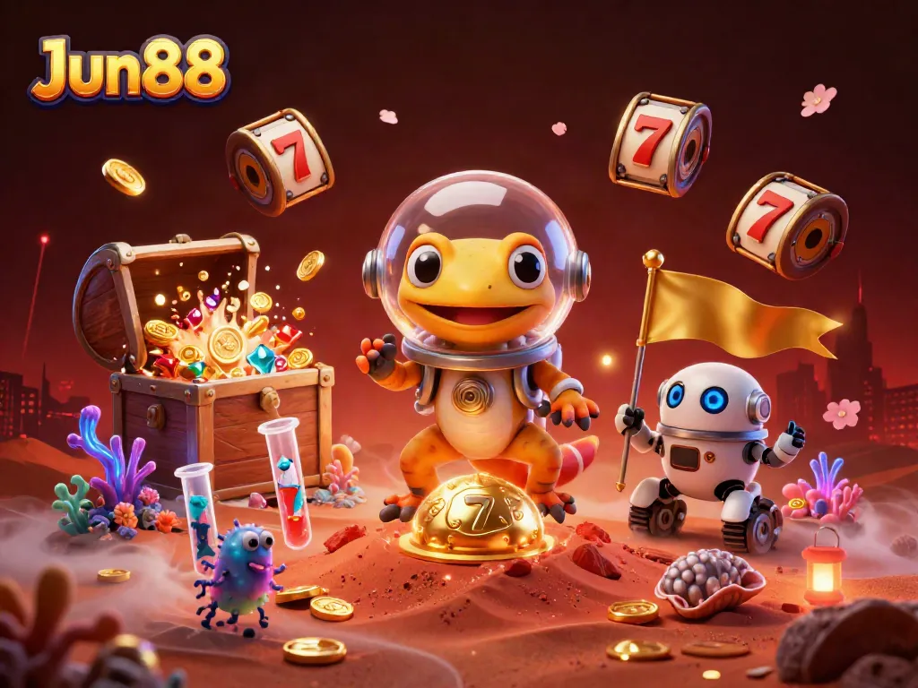 Experience Jun88's exciting gaming world with a vibrant Martian casino scene filled with dynamic elements.