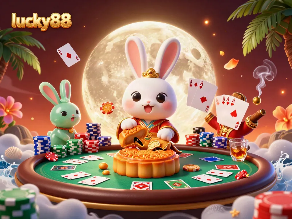 Experience lucky88 casino excitement as the moon rabbit reveals poker chips in a vibrant, festive scene.