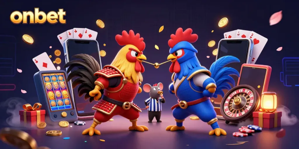 Engage with onbet's thrilling casino experience as roosters battle, showcasing dynamic gaming elements.