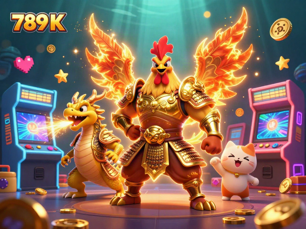 Engage with 789 K as a rooster warrior defeats odds in an exciting casino scene with vibrant game elements.