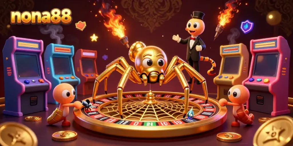 Engage in thrilling bets at nona88, depicted with a golden roulette web and playful casino critters.