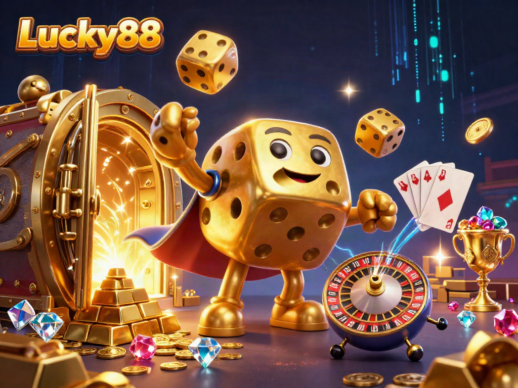 Engage with Lucky88's vibrant casino experience featuring dazzling gold elements and playful characters.