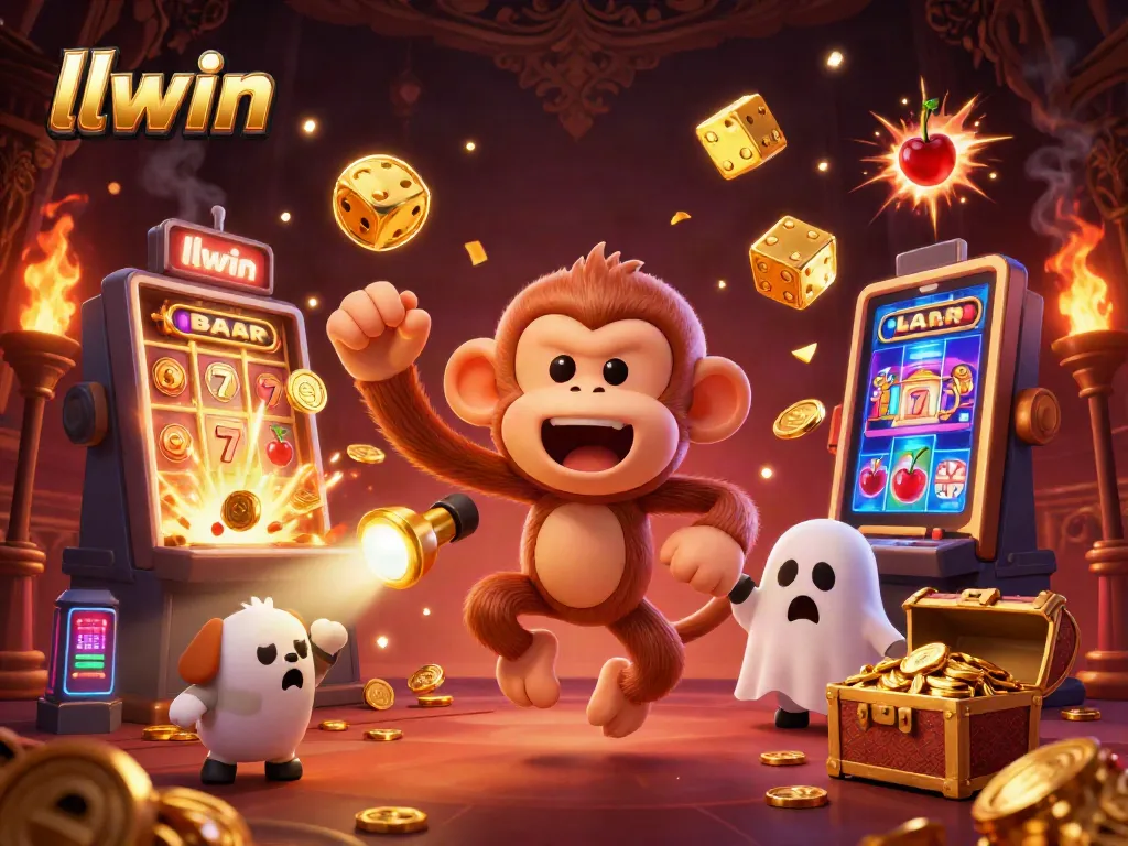 Experience the magic of llwin as a mischievous ghost monkey juggles coins in a haunted casino.