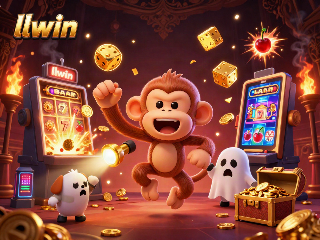 Experience the magic of llwin as a mischievous ghost monkey juggles coins in a haunted casino.